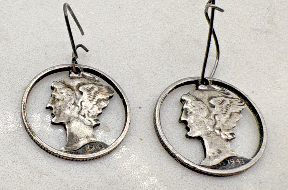 Handmade 1943 Cut Out Mercury Dime Dangle Earrings French Wire Sterling Silver